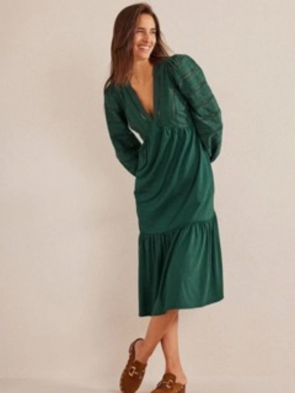 BODEN Forest Green Broderie Tiered Midi Jersey Dress - Like New - PETITE Size 10